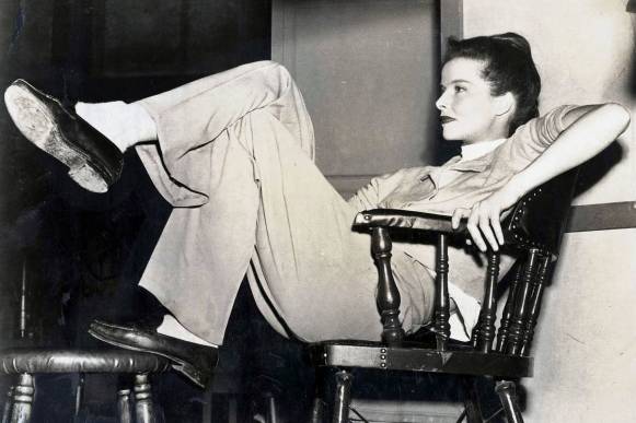 1947 US actress Katherine Hepburn relaxes between scenes of the making of a new Metro-Goldwyn-Mayer film.