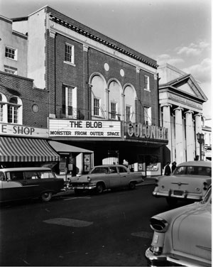 The marquee at the Colonial Theater featured in The Blob and featuring The Blob in 1958
